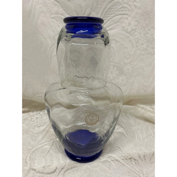 Crystal Clear Romania Handcrafted Bedside Carafe Pitcher Vase with Glass Blue - Picture 1 of 8